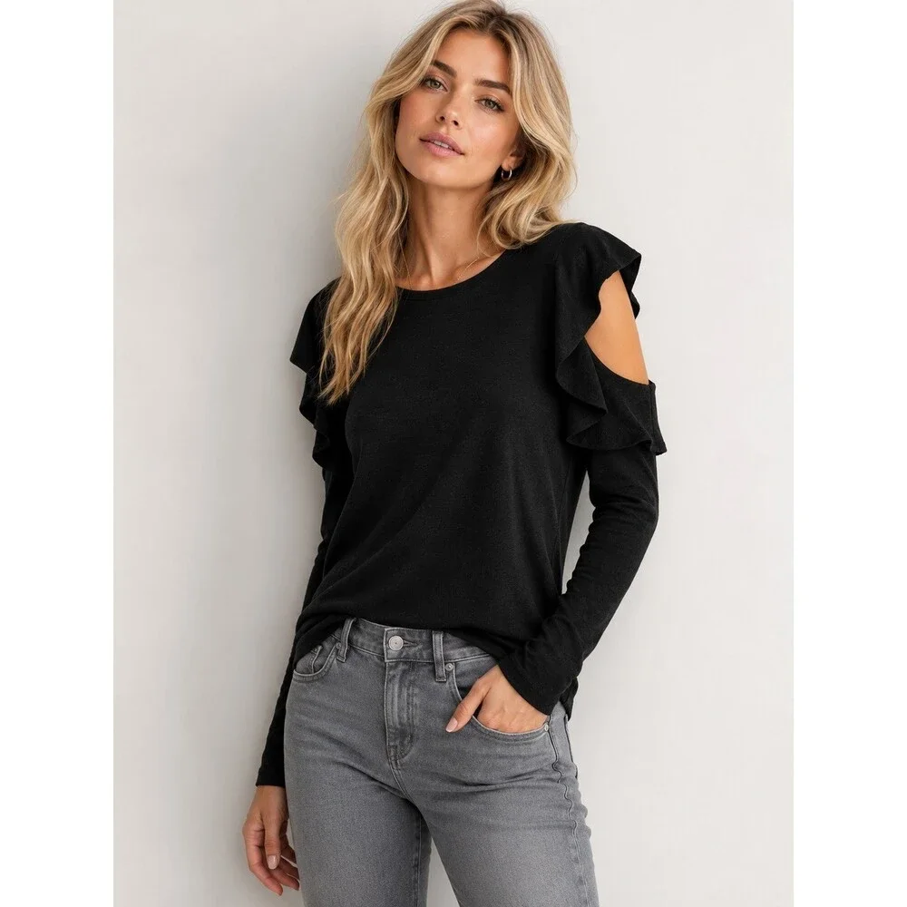 Gap Softspun Ruffled Cold Shoulder Sweater Knit Top Women XL Tall Black NWT
